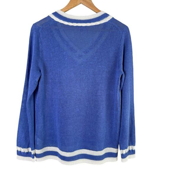 Talbots Linen V-Neck Varsity Style Sweater in Blue‎ and White, Size Medium - Picture 9 of 11